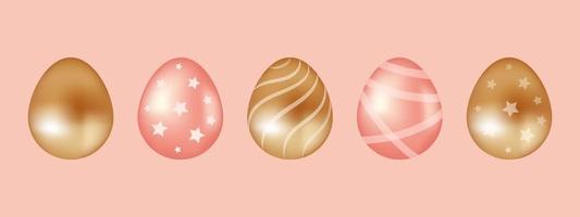 Happy easter. Set of golden and pink chocolate eggs. Pattern in the form of stars, stripes, waves. Vector illustration in realistic style. For stickers, posters, postcards, design elements.