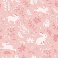 Charming rabbits are jumping in the spring meadow, happy easter. Seamless monochrome pink pattern chocolate eggs, daisies and tulips. cartoon style. For wallpaper, printing on fabric, wrapping. vector