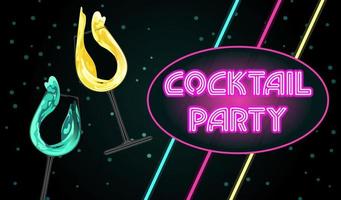 Cocktail party here. Bright horizontal vector banner in Realistic style. Glowing drink in a glass. Vintage lettering, neon colors, 90s. For advertising banner, website, poster, advertising flyer.