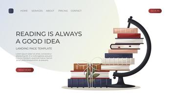 Landing page with reading globe, lantern with candle,plant. School books pile. Education book heap.Bookstore, bookshop, library, book lover, bibliophile, education for banner, website vector