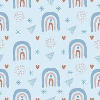 Cute boho seamless pattern with blue background, rainbows, hearts and abstract elements vector