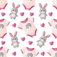 Pattern with cute pink baby bodysuit with elephant, heart, toy teddy bunny. Child singlet ,clothes, plush. Baby shower invitation. It's a girl. Hello baby celebration, holiday, event. Banner, flyer. vector