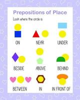 Prepositions of Place with geometry shapes printable educational worksheet, colorful activity vector illustration teacher resources, the English language grammar elementary level, learning concept