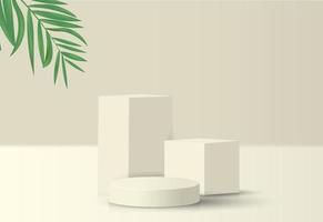 Abstract 3d podium for product presentation with geometric shapes, Empty round podium,Platforms for product presentation and shadows and light,Podium 3D empty pastel green with tropical leaf. vector