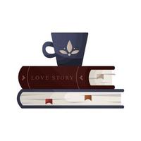 apilar de libros con taza de té. libros montón. educación libro montón. librería, librería, biblioteca, libro amante, bibliófilo, educación. libro de texto para leyendo para póster, bandera, sitio web vector