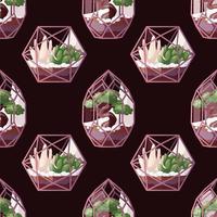 Pattern with florarium with succulents , houseplant in glasshouse. Indoor potted house plant in flowerpot. Home garden, greenhouse, gardening lover. Domestic store wallpaper, scrapbooking, textile vector