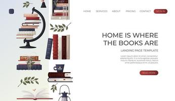 Landing page with reading stack of books with cup, open book, wooden letter tiles, lantern, globe, inkwell. Bookstore, bookshop, library, book lover, bibliophile, education. For banner, website vector