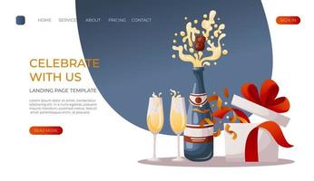 Landing page with festive open gift box with exploded gold confetti, champagne explosion. Cork pops out. Birthday party, celebration, holiday, event, bakery, tasty food concept. For banner, web vector