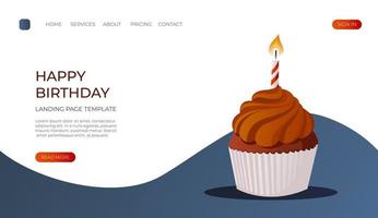 Landing page with festive sweet cupcake with burning candle in paper cup. Muffin with  chocolate cream. Birthday party, celebration, holiday, event, bakery, tasty food concept. For banner, web vector