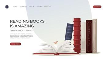 Landing page with reading open huge book with heart, reading stack of books. Education book heap. Bookstore, bookshop, library, book lover, bibliophile, education for banner, website vector