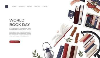 Landing page with reading stack of books with cup, open book, wooden letter tiles, lantern, globe, inkwell. Bookstore, bookshop, library, book lover, bibliophile, education. For banner, website vector