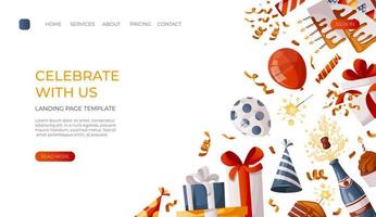 Landing page with cake, champagne, cupcake, gifts, caps, confetti, balloons. Birthday party, celebration, holiday, event, festive, festive, bakery, tasty food concept. For banner, website. vector