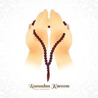 Muslim woman hands praying holding rosary ramadan kareem card design vector