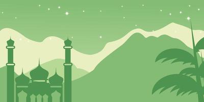 Islamic green mountains background, with ornamented silhouette of mosque and night stars. Vector template for banners, greeting cards for Islamic holidays.