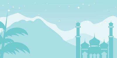 Islamic blue mountains background, with ornamented silhouette of mosque and night stars. Vector template for banners, greeting cards for Islamic holidays.