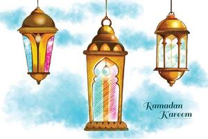 Ramadan kareem three colorful traditional islamic lamps card background vector