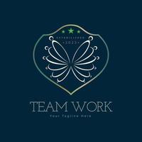 Team work connection butterfly line shield logo design template for brand or company and other vector