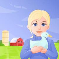 Beautiful girl farmer holds duck in the farm courtyard. vector