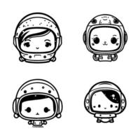 un linda y kawaii colección conjunto de mano dibujado astronauta logotipos, presentando adorable caracteres en trajes espaciales y cósmico accesorios vector