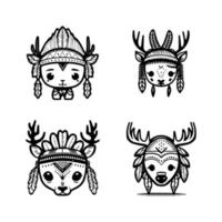 A cute kawaii deer head logo collection set, adorned with Indian chief accessories. Hand drawn with love and intricate details vector