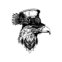 Unique and striking Hand drawn line art illustration of an eagle wearing a steampunk hat, showcasing a fusion of mechanical and natural elements vector