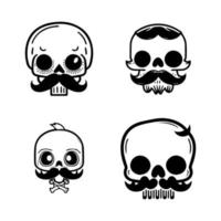 A collection set of cute Hand drawn skulls with mustaches, perfect for adding a playful touch to any design or project. vector