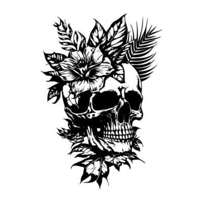 A skull head adorned with intricate flowers and leaves, depicted in a detailed black and white line art hand drawn illustration