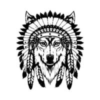 A collection of Hand drawn illustrations featuring a wolf wearing Indian chief head accessories. The designs are black and white and showcase the wolf with feathers, headdress, and tribal adornments vector