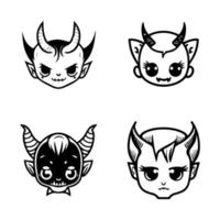 A collection of cute anime devil heads featuring various expressions and accessories, Hand drawn in intricate line art vector
