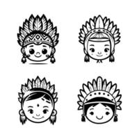 Our cute kawaii child head collection features Hand drawn illustrations of kids wearing Indian chief head accessories, perfect for adding some playful charm to your designs vector