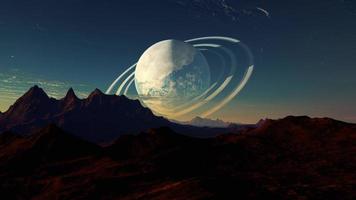 anillado planeta en el cielo, binario extraterrestre planeta sistema, 4k video