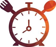 comer hora vector logo modelo. esta logo con reloj, cuchara y tenedor símbolo. adecuado para hogar, restaurante, cocinando, saludable.