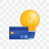 3d icon realistic render style of light bulb or light bulb with credit card, metaphor of ideas in finance or banking to pay off debts and loans. Can be used for websites, apps, ads, posters, banners vector