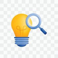 3d icon realistic render style of lamp or bulb inverted with magnifying glass, metaphor of looking for ideas or thoughts, brainstorming in research and development. Can be used for websites, apps, ads vector