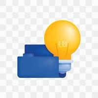 3d icon realistic render style of bulb or lamp in folder, metaphor to store and archive ideas in data and documents. Can be used for websites, apps, ads, posters, banners, brochures, corporate flyers vector