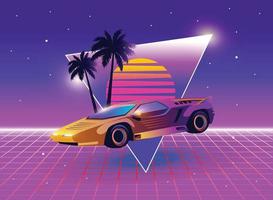 Retro 80s sci-fi futuristic style background with supercar. Vector retro futuristic synthwave