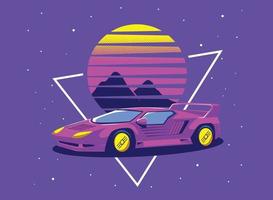 Retro 80s sci-fi futuristic style background with supercar. Vector retro futuristic synthwave