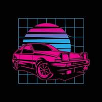 Retro 80s sci-fi futuristic style background with supercar. Vector retro futuristic synthwave