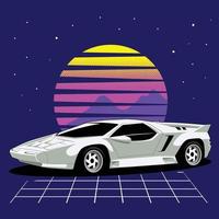 Retro 80s sci-fi futuristic style background with supercar. Vector retro futuristic synthwave