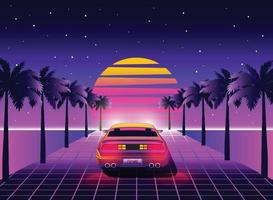 Retro 80s sci-fi futuristic style background with supercar. Vector retro futuristic synthwave