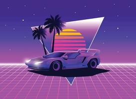 Retro 80s sci-fi futuristic style background with supercar. Vector retro futuristic synthwave