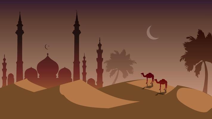 illustration of the desert of the arabian peninsula with ornaments of date palms, camels and mosque