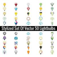 Stylized set of vector lightbulbs with line, dots, and beams. New idea symbols collection colorful logotypes. Light bulb idea icons set. Vector illustration.