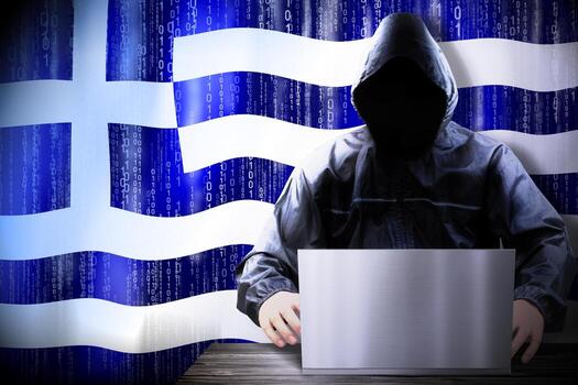 anónimo encapuchado hacker y bandera de Grecia, binario código - ciber ataque concepto foto