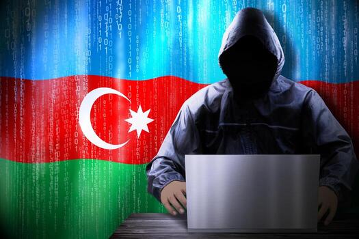 anónimo encapuchado hacker y bandera de azerbaiyán, binario código - ciber ataque concepto foto
