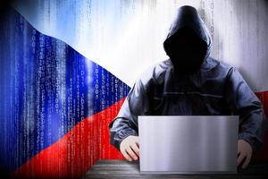 Anonymous Hooded Hacker and Flag Of Czech Republic, Binary Code - Cyber Attack Concept photo