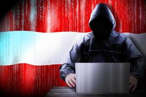 Anonymous Hooded Hacker and Flag Of Austria, Binary Code - Cyber Attack Concept photo