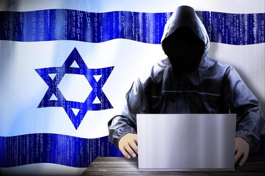 anónimo encapuchado hacker y bandera de Israel, binario código - ciber ataque concepto foto