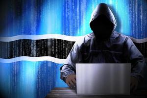 Anonymous Hooded Hacker and Flag Of Botswana, Binary Code - Cyber Attack Concept photo