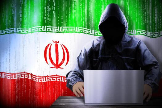 anónimo encapuchado hacker y bandera de irán, binario código - ciber ataque concepto foto